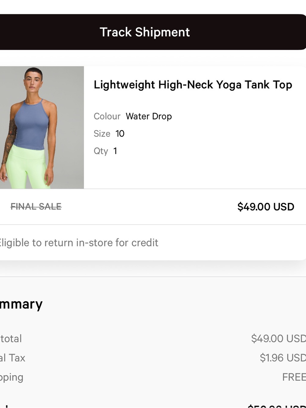 Lululemon Lightweight High-Neck Yoga Tank Top Size 10. Water drop - Picture 5 of 5